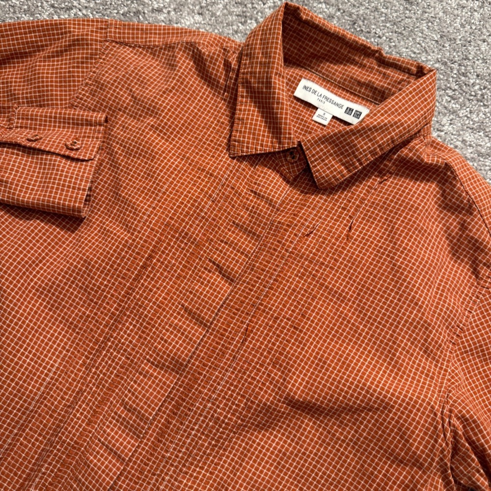 Uniqlo Ines De La Fressange Shirt Womens S Orange Grid Cotton Pintuck Parisian